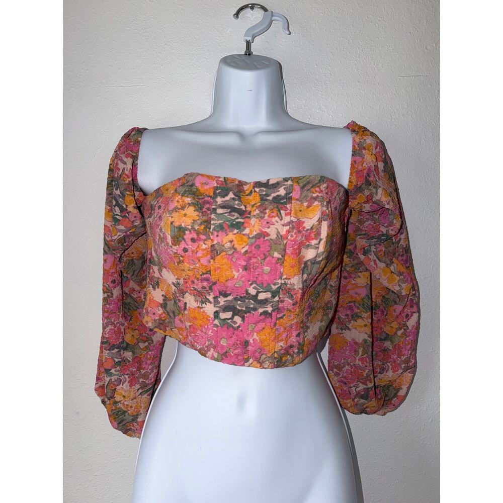 Pink Colorful Floral Off Shoulder Long SleeveBoho Balletcore Sweetheart Cropped